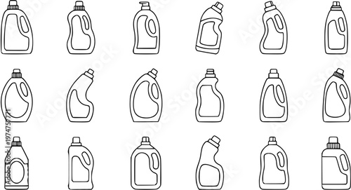 Household Cleaning and Laundry Detergent Bottles Line Art Collection. Black and White Outline Sketch Icons for Various Liquid Product Containers and Packaging.