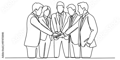 A black and white continuous line drawing of a professional business team joining their hands.