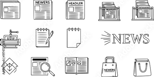 Black and White Line Art Icons Set for News and Publishing Industry, Featuring Newspaper, Printing Press, and Journalism Elements