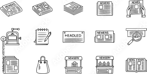 News and Journalism Line Art Icons Set. Black and White Outline Symbols for Media, Publishing, Reporting, featuring Newspaper, Printing Press, Newsstand, and Editorial Tools.