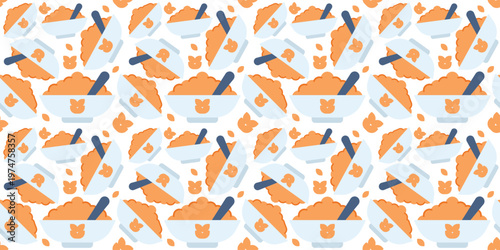 breakfast cereals bowl seamless pattern flat design. healthy grain food illustration for packaging, kitchen wallpaper, or morning cafe design. simple vector. pattern with white background. 