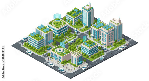 Isometric vector illustration showcasing a futuristic smart city concept with green spaces, featuring modern buildings with rooftop gardens and pedestrian zones in a 3D design, set