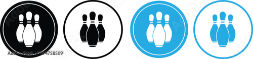 Bowling Pins Icon Set Vector Illustration – Skittles Symbol Collection in Circle Frame Black and Blue Flat Design