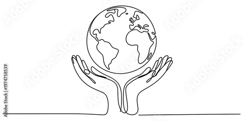 A single continuous line drawing of two hands gently holding the entire globe of planet earth.