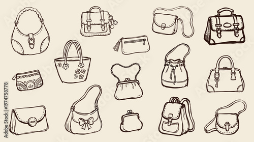 Collection of Hand Drawn Fashionable Handbags and Purses Sketch Style Isolated on Beige Background