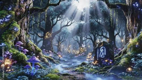 A serene forest scene with fireflies dancing around a mystical portal under sunlit trees and colorful flowers.