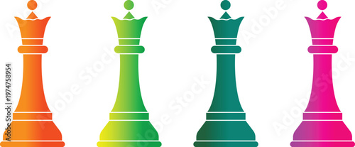 Four colorful chess queen pieces in orange, green, teal, and pink on white background