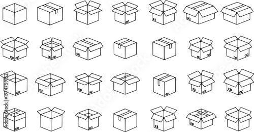 Logistics and Shipping Packaging Line Art Icons: Black and White Set of Various Isometric Cardboard Boxes, Open and Closed Packages, for E-commerce, Delivery, Storage, and Moving Services