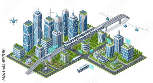 Isometric illustration displays a futuristic smart city with green spaces, highlighting advanced transportation systems like an elevated train and autonomous vehicles, set against modern