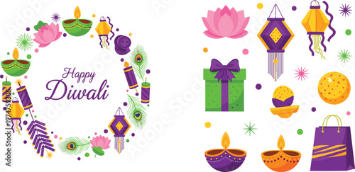 Happy Diwali Vector Set with Colorful Lanterns, Diya Lamps, Gifts, and Decorative Elements for Festival Celebrations, Greetings, and Holiday Designs