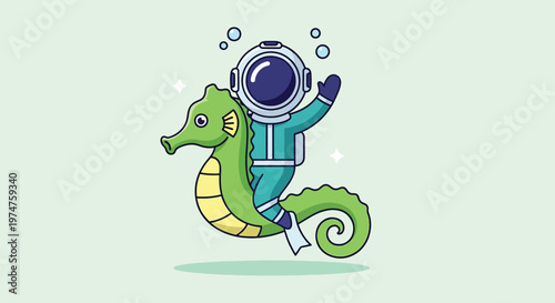 Astronaut Riding a Seahorse Underwater Adventure Vector Illustration.