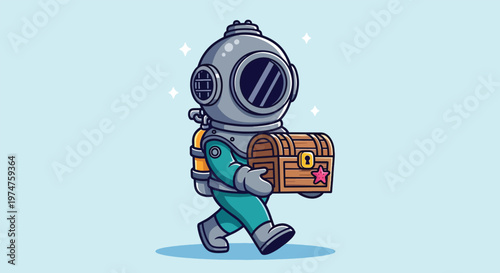 Cartoon Diver Carrying Treasure Chest Underwater Illustration.