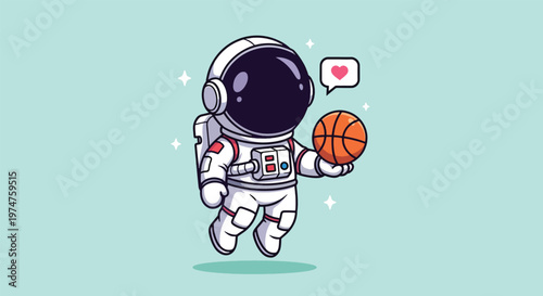 Cute Astronaut Holding Basketball in Space with Love Icon.