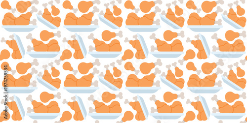 crispy fried chicken seamless pattern flat design. tasty fast food illustration for restaurant menu, food packaging, or casual dining design. simple vector. pattern with white background. 