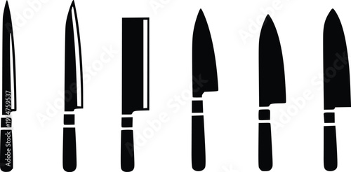 Kitchen knife set silhouette vector, chef knife butcher knife cleaver cooking tools icon collection isolated