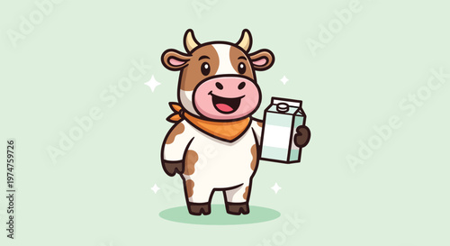 Cute Cartoon Cow Holding a Milk Carton.