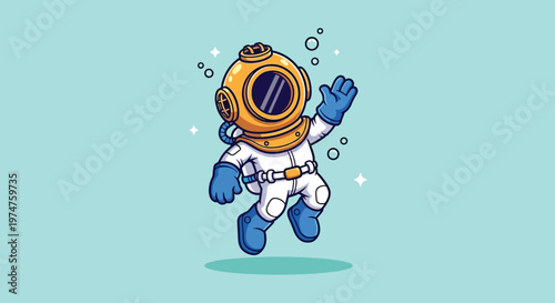 Cute cartoon diver in vintage suit floating underwater with bubbles.