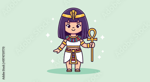 Cute Cartoon Egyptian Queen Cleopatra Holding Ankh Symbol.