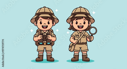 Cute Cartoon Kids as Explorers or Adventurers.