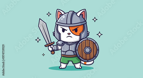 Cute Cat Knight Warrior with Sword and Shield Cartoon Vector Icon Illustration.