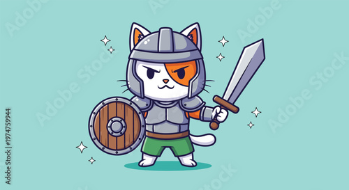 Cute Cat Knight with Sword and Shield.
