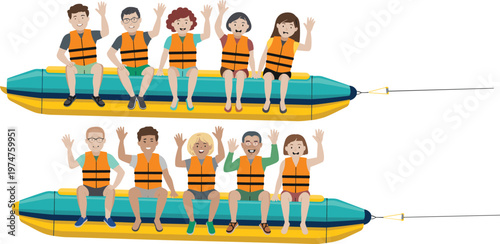 Vector illustration of diverse groups of happy people in life jackets waving while riding a yellow and teal banana boat on a summer vacation.
