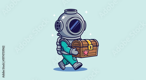 Cute Diver Carrying Treasure Chest Cartoon Illustration.