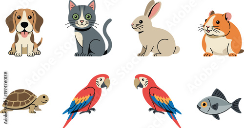 Cartoon pet icons, dog, cat, rabbit, hamster, turtle, parrot, fish, colorful animal illustrations, friendly design, educational vector, decorative symbols
