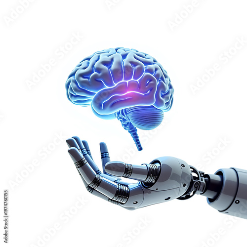 Futuristic robotic hand holding a glowing floating AI brain