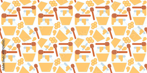 honey jar with dipper seamless pattern flat design. natural sweetener food illustration for organic packaging or kitchen design. simple vector. pattern with white background. 