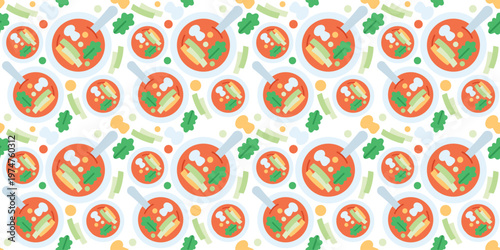 steaming hot soup bowl seamless pattern flat design. warm comfort food illustration for restaurant menu or homestyle kitchen design. simple vector. pattern with white background. 
