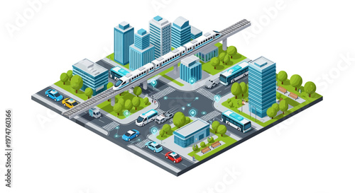 Isometric illustration showcasing a futuristic smart city design with green spaces and a train on an elevated track, presented in a clean, vector style with a focus on modern urban planning