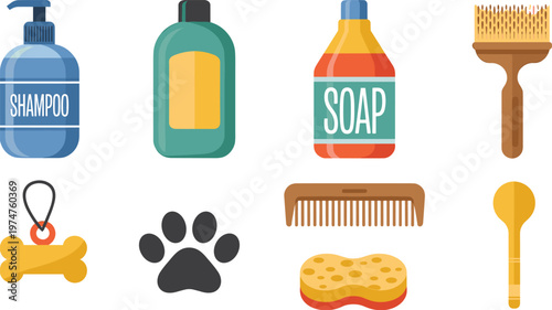 Pet grooming icons, shampoo bottle, soap, brush, comb, sponge, paw print, bone tag, grooming tools, hygiene products, vector illustration