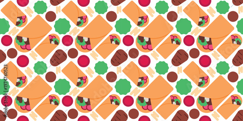grilled meat kebab seamless pattern flat design. middle eastern street food illustration for restaurant menu or food packaging. simple vector. pattern with white background. 