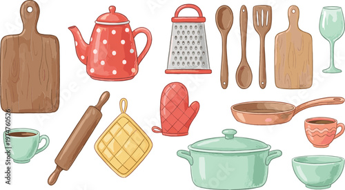 Kitchen utensil and cookware illustration, colorful culinary tools, pots, pans, cups, cutting boards, decorative cooking vector design artwork