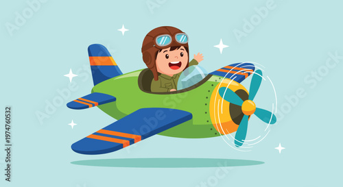 Happy little boy pilot flying a vintage airplane.