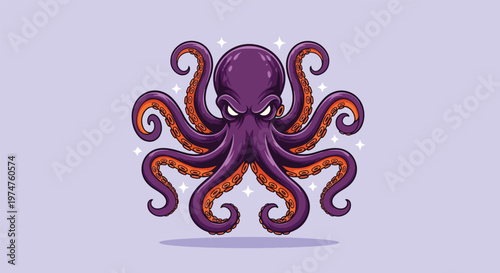 Illustration of a Fierce Purple Octopus with Tentacles.