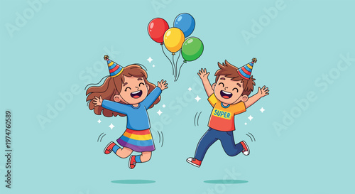 Joyful Children Celebrating with Balloons and Party Hats.