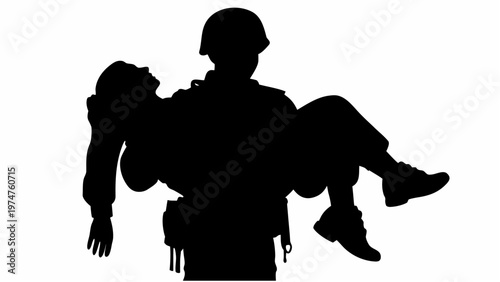 Soldier carrying injured comrade in a heroic rescue mission on a white background