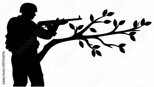 Soldier holding a rifle that morphs into a tree branch with leaves symbolizing peace and conflict resolution