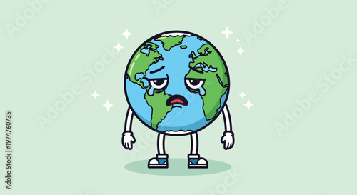 Sad Earth character crying about environmental issues.