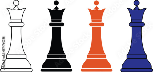 A set of colorful chess pieces on a plain background
