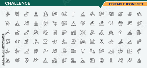 Challenge line icon set. Outline symbol collection. Contains related to difficulty, achievement, target, success, strategy. Vector illustration. Exam icon collection.