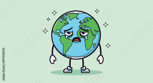Sad Earth Character Crying with Sparkles.