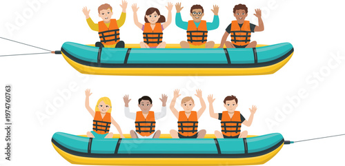 Vector illustration of diverse groups of happy people in life jackets waving while riding a yellow and teal banana boat on a summer vacation.
