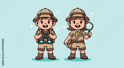 Two happy young explorers with binoculars and magnifying glass.