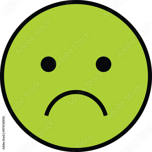 Lime green frowning emoticon face with black outline and white background, frowning face
