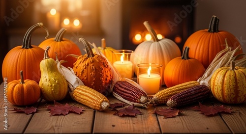 Autumn Pumpkins and Candles Arrangement