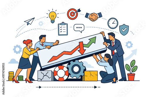 A team of business professionals working together to balance a large growth chart on a giant gear