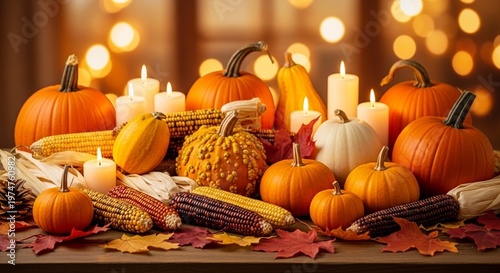 Autumn Pumpkins and Candles Display